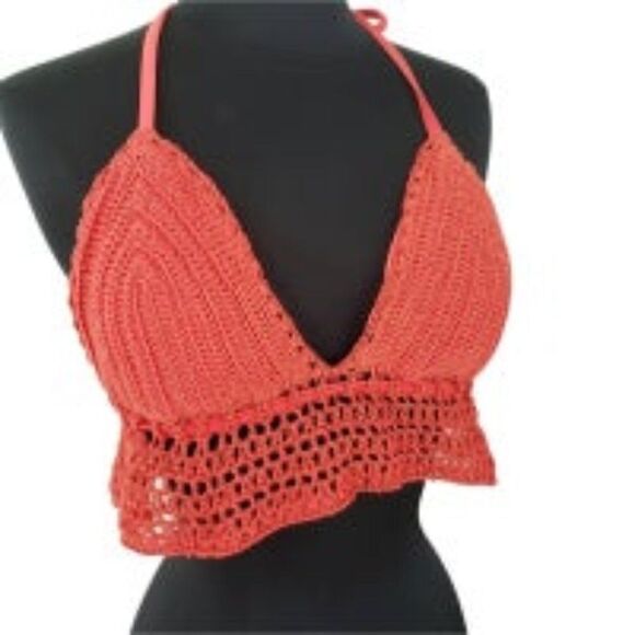 Xhilaration Halter sz MED Crochet Triangle Bikini Top Orange - Picture 2 of 7